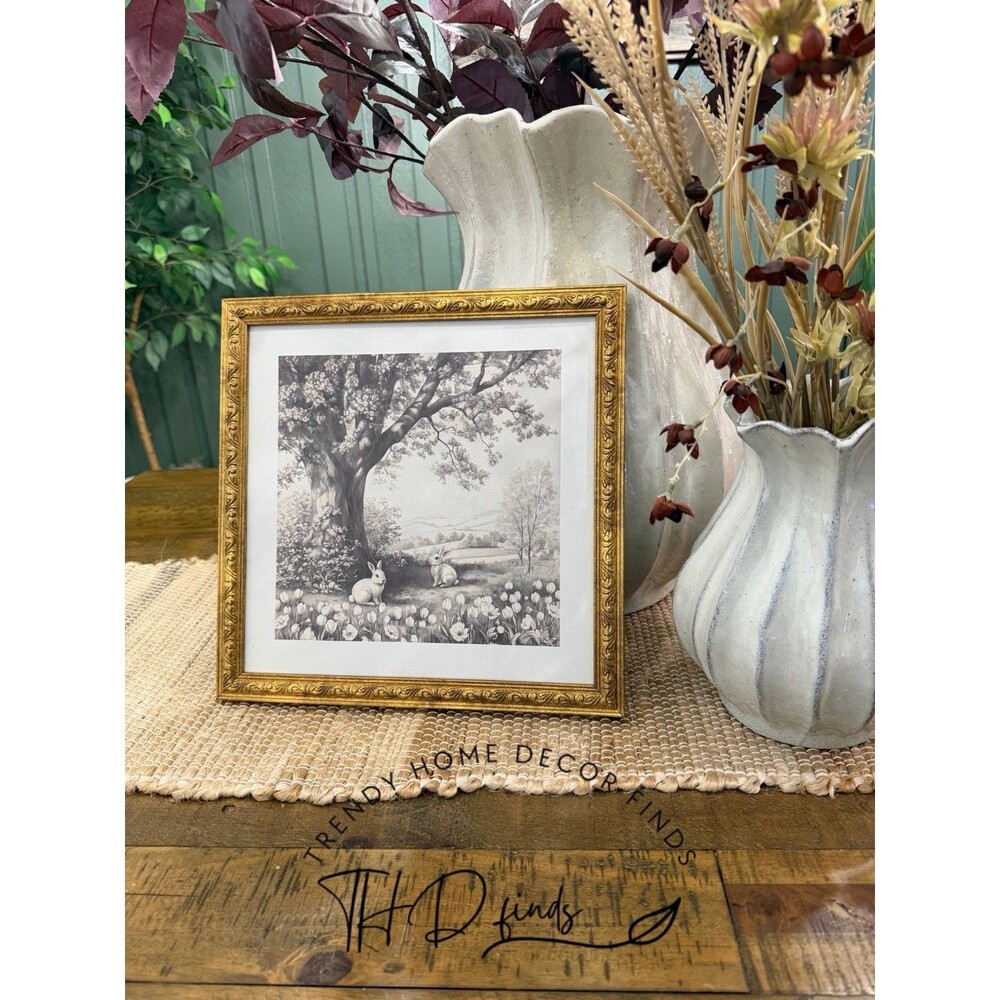 Bunnies in Nature Framed Spring Artwork, Black and White, 12" x 12", by My Texas